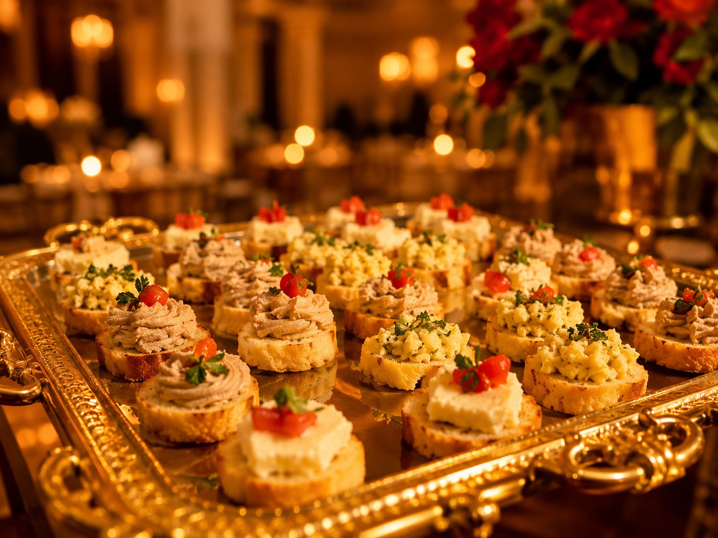 Canapés de festa em bandeja dourada