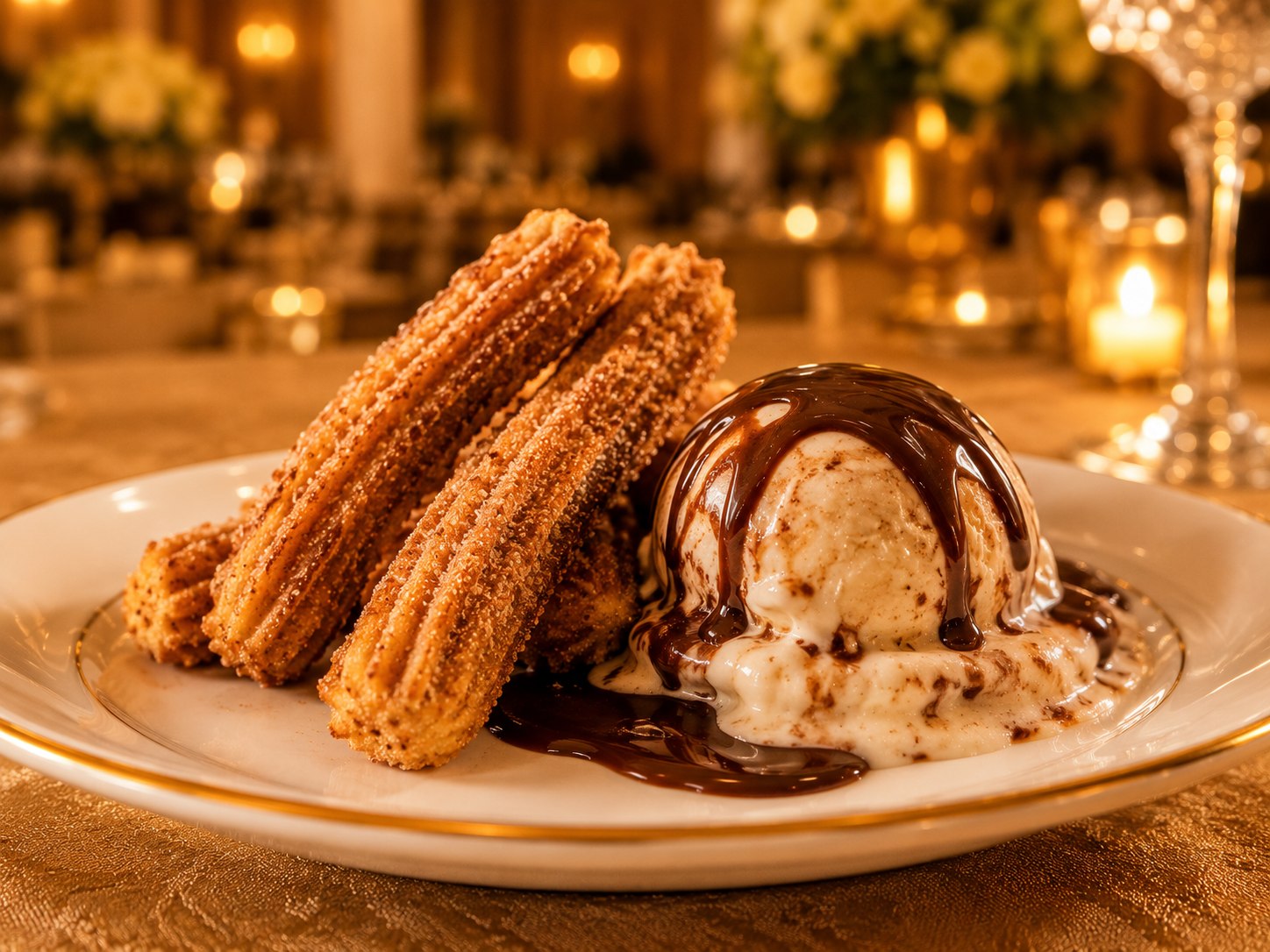 Churros quentes com sorvete e calda
