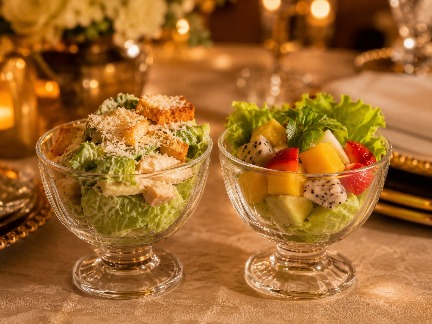 Mini saladas caesar e tropical em taças